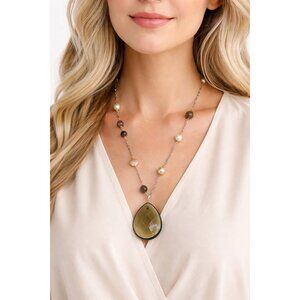 Boho Statement Pendant Necklace Faceted Olive Green Glass Teardrop Pearls Beaded